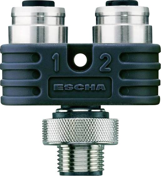 Rozdeľovač konektora značky 'ESCHA' s obojsmerným pripojením, označený štítkami '1' a '2', s kovovým spojovacím prvkom v spodnej časti pre spoľahlivé upevnenie.