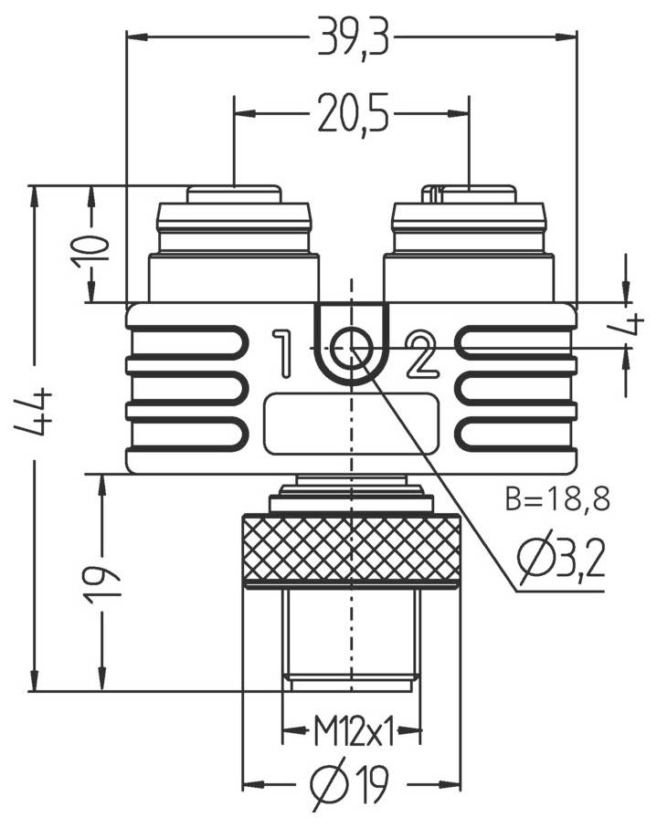 Technický výkres T-konektor. Celková šírka: 39,3 mm. Výstupy: priemer 10 mm, vzdialenosť 20,5 mm od seba. Vstupná základňa: M12x1.