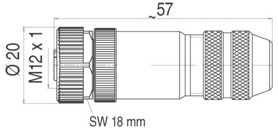 Technický výkres konektora M12, dlhý 57 mm s priemerom 20 mm. Šírka cez hrany (SW) je 18 mm.