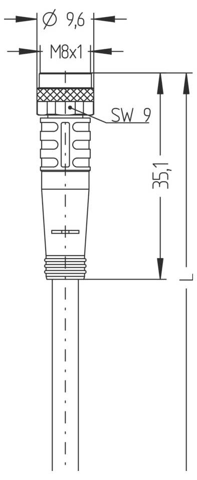 Technický výkres M8 konektora s priemerom 9,6 mm, veľkosťou skrutky M8x1 a celkovou dĺžkou 35,1 mm. Obsahuje značenie SW 9.