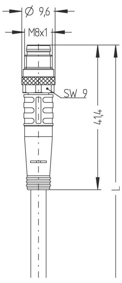 Technický nákres valcového konektora s rozmermi: priemer 9,6 mm, výška 41,7 mm a veľkosť závitu M8x1 SW 9.