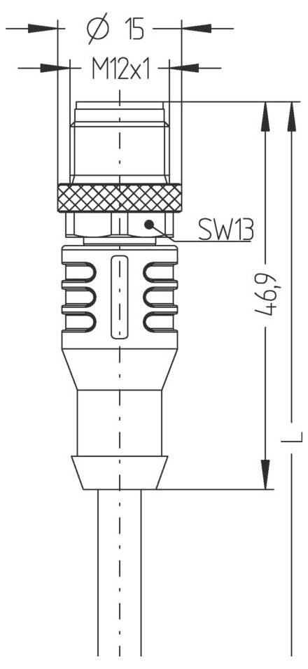 Technický výkres konektora s vyznačenými rozmermi. Priemer je 15 mm, dĺžka je 46,9 mm, veľkosť závitu je M12x1 a veľkosť kľúča je SW13.