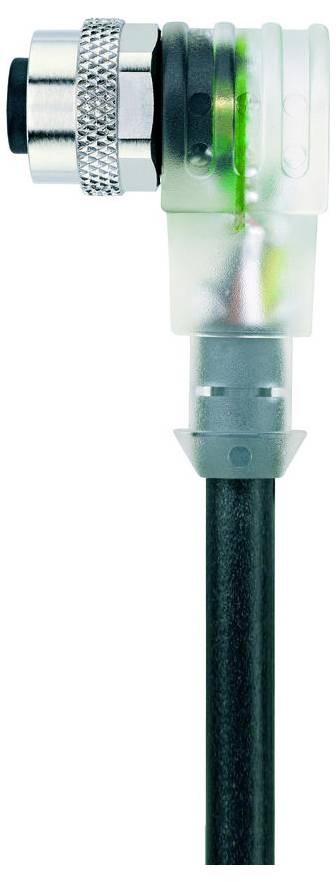Detailný záber mechanického konektora s vrúbkovaným kovovým krúžkom a pripevneným káblom, zobrazujúci zelené vnútorné vedenie.