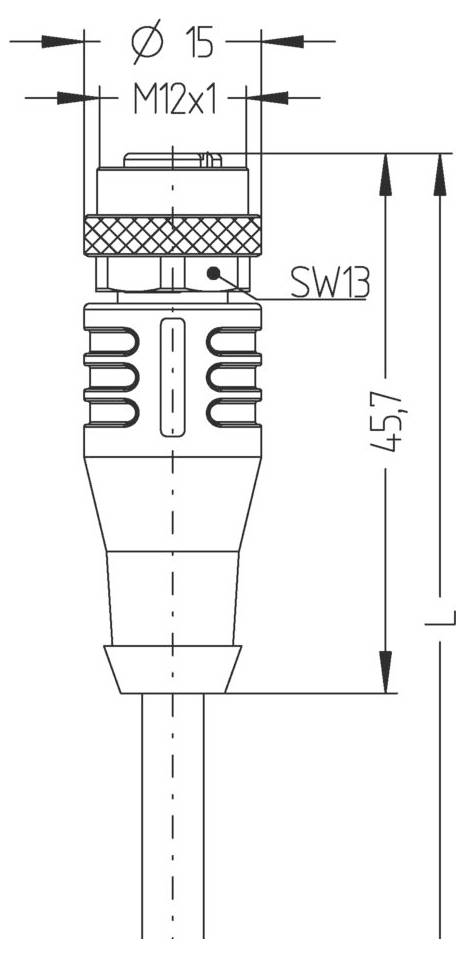 Technický výkres valcového konektora so značkami 'Ø 15', 'M12x1' a 'SW13', s celkovou dĺžkou 45,7 mm.
