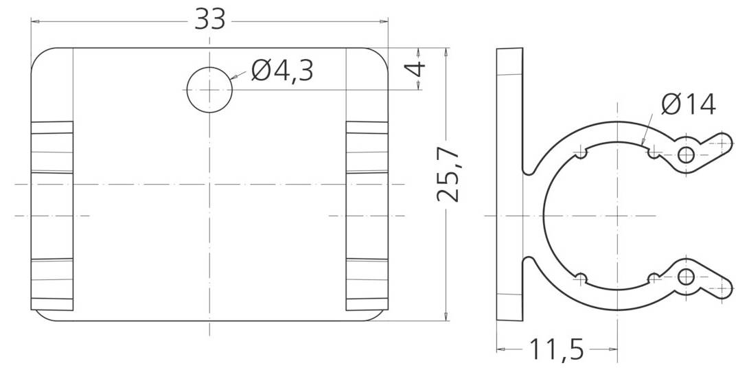 'Technický výkres konzoly. Rozmery: 33 mm šírka, 25,7 mm výška, 11,5 mm hĺbka. Priemer otvoru 4,3 mm, ďalší s priemerom 14 mm.'