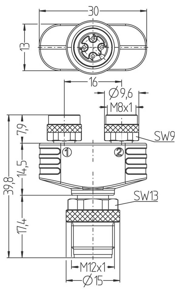 Technický výkres konektora. Pohľad zhora ukazuje kruhovú, symetrickú konštrukciu. Pohľad z boku obsahuje závity M8x1, M12x1.