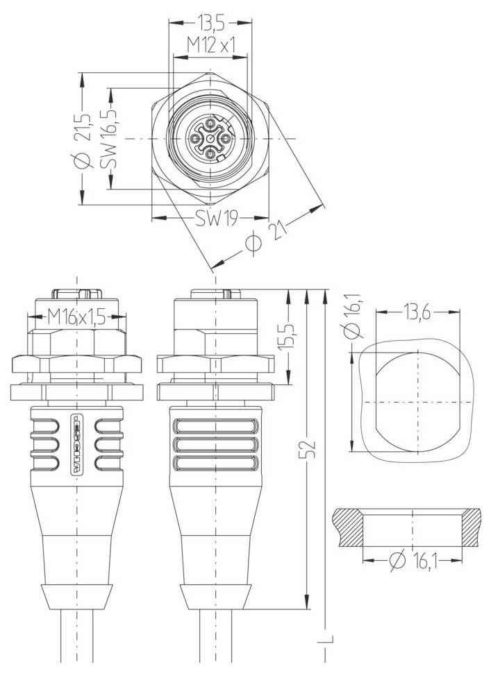 Technický výkres M12 konektora so špecifikáciami rozmerov a veľkostí závitov, vrátane závitu M16x1.5, výška 55 mm.