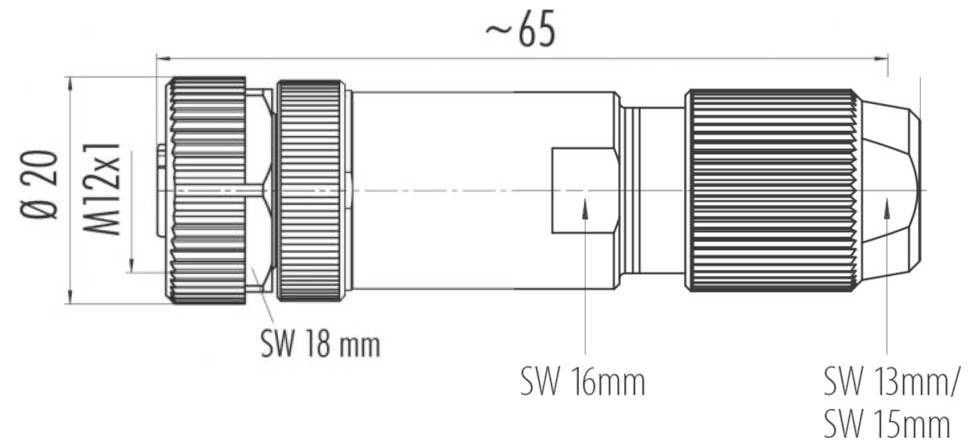 Detailný technický výkres valcového komponentu označeného 'M12x1', s dĺžkou približne 65 mm, s vyznačenými rôznymi priomermi.