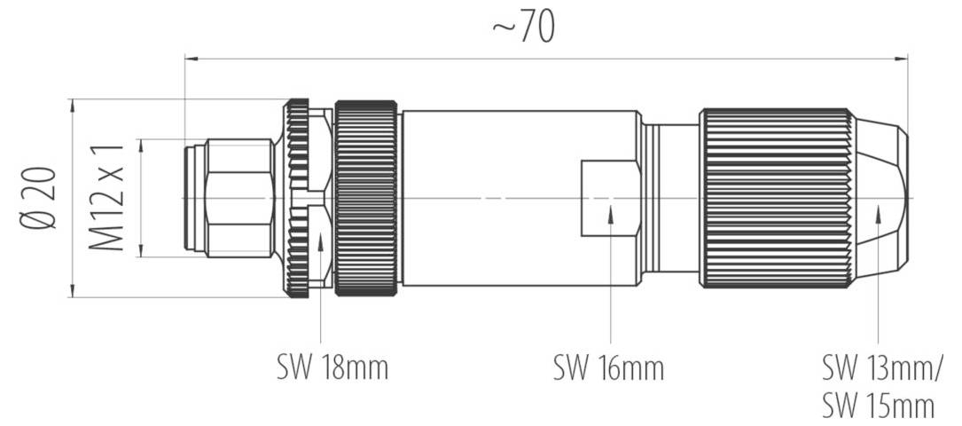 Diagram valcového konektora s rozmermi. Priemer: 20 mm. Dĺžka: ~70 mm. Veľkosti prvkov: SW 18 mm, SW 16 mm, SW 13 mm/15 mm. Závit M12 x 1.
