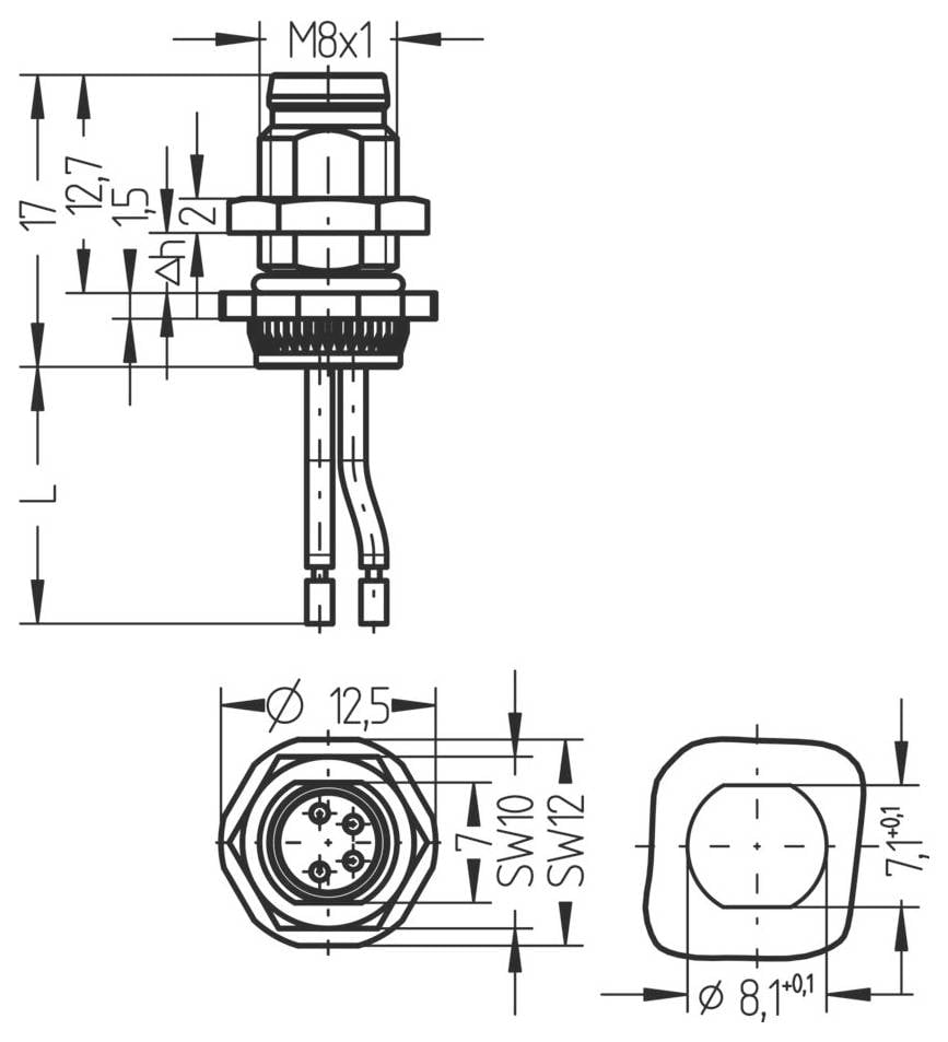 „Technický diagram valcového elektrického konektora so zárezom M8x1, zobrazujúci rozmery v milimetroch."