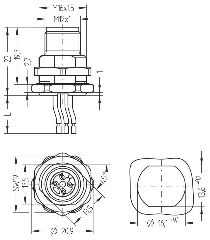 Technický výkres kruhového 5-pinového konektora. Obsahuje rozmery: pohľad zhora M16x1.5, M12x1; boč­ný pohľad zobrazuje usporiadanie skrutiek a pinov.