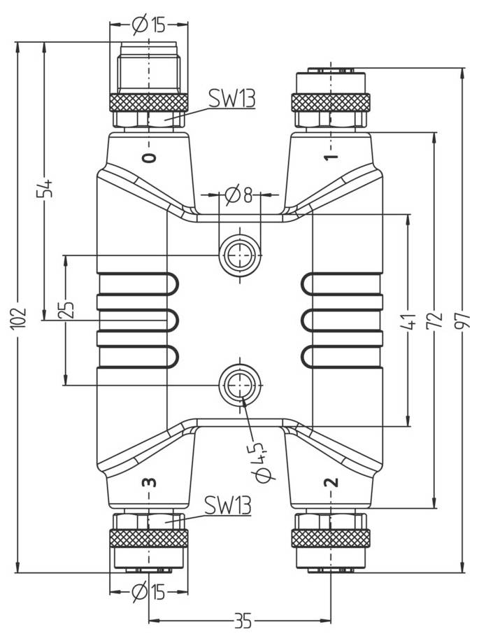 Technický diagram kovového konektora s vyznačenými rozmermi. Rozmery zahŕňajú celkovú výšku 102 mm, šírku 54 mm a rôzne priemery.
