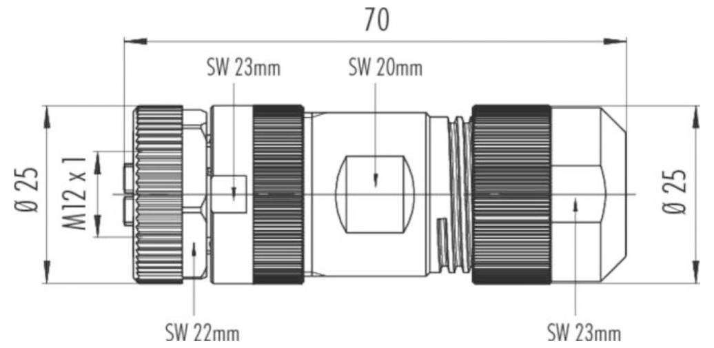 Technický výkres konektora s rozmermi: dĺžka 70 mm, priemer 25 mm a rôzne veľkosti šesťhranu: SW 23 mm, SW 20 mm, SW 22 mm.