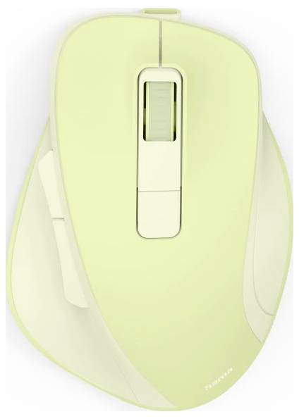 Svetlozelená počítačová myš s rolovacím kolieskom a ergonomickým dizajnom, pohľad zhora.