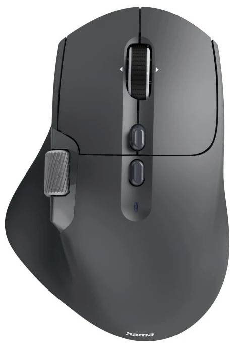 Čierna ergonomická počítačová myš s viacerými tlačidlami a rolovacím kolieskom na vrchu, navrhnutá pre pohodlný úchop a presné ovládanie.