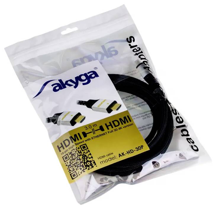 Balenie obsahuje 3,0m HDMI-F do HDMI kábla s Ethernetom, vhodný pre Full 3D 4K rozlíšenie. Značka: Akyga, Model: AK-HD-30P.