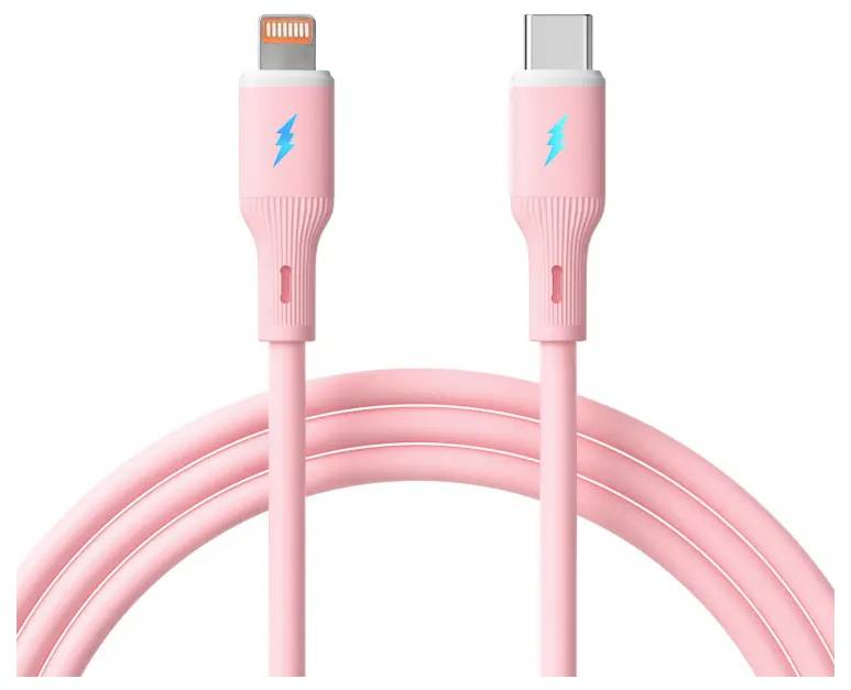 Ružový kábel s konektorom USB-C na jednom konci a konektorom Lightning na druhom konci, pričom oba majú modrý symbol blesku.