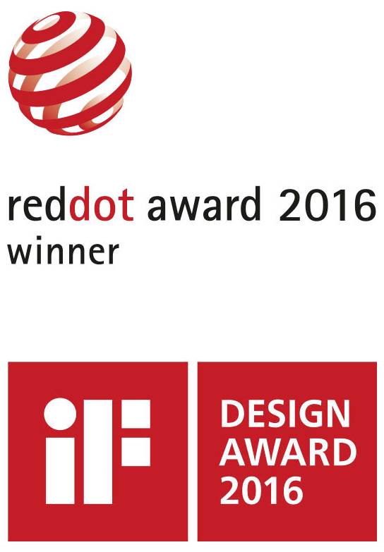 Logo ocenenia „Red Dot Award 2016" a „iF Design Award 2016" sú zobrazené, čo signalizuje uznanie v oblasti dizajnovej excelentnosti.