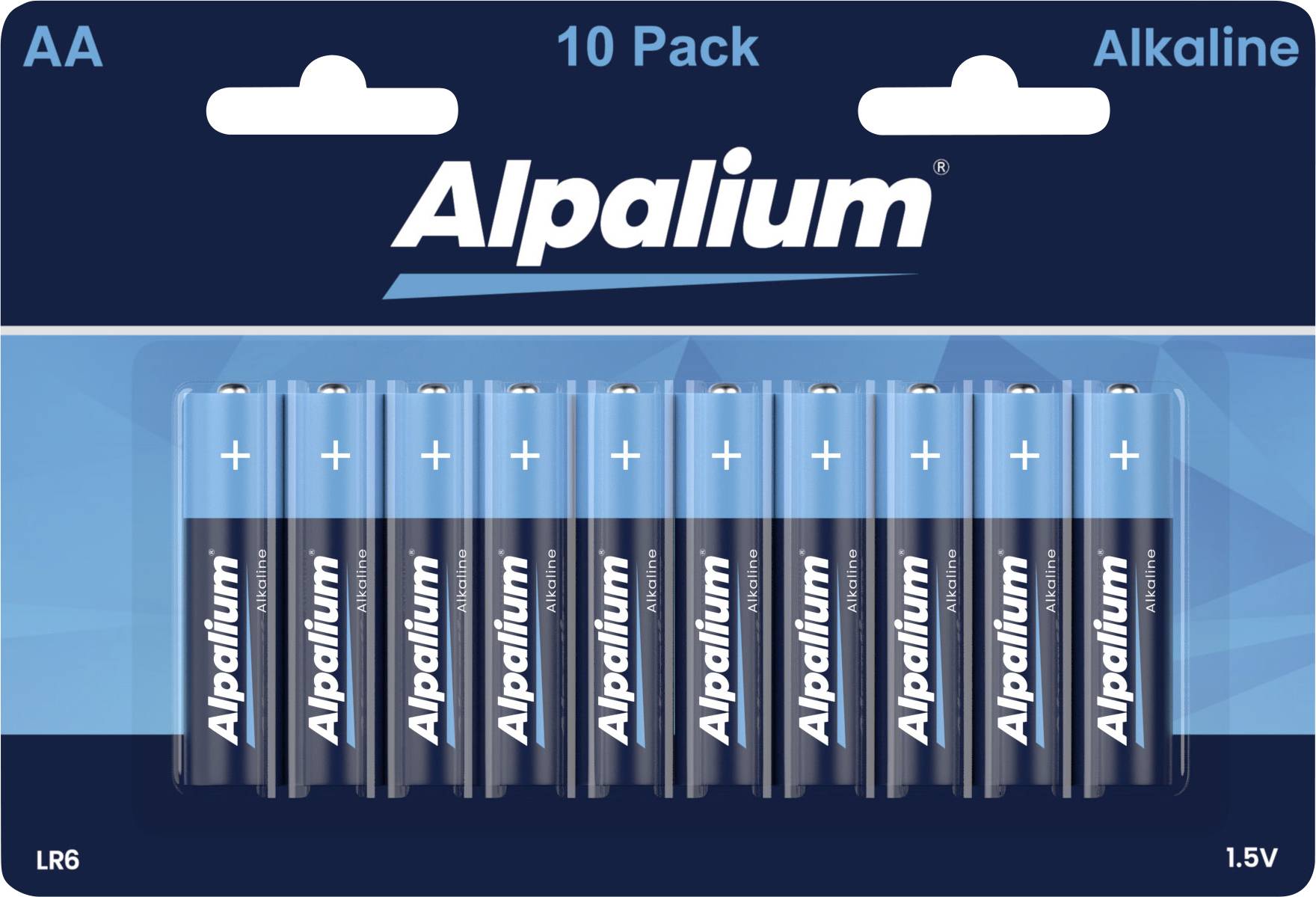 'AA Alkalické Batérie Alpalium, 10-balenie, 1,5V, Model LR6'. Batérie usporiadané v dvoch radoch po päť na modrom balení.