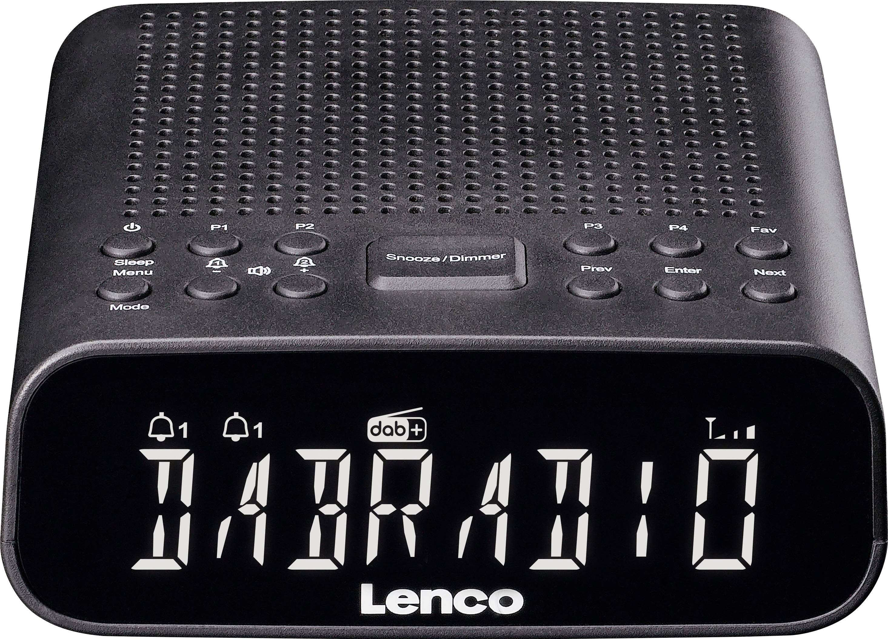Čierne digitálne rádiobudík s LED displejom zobrazujúcim '07:30'. Obsahuje tlačidlá pre spánkový režim, menu a ladenie.
