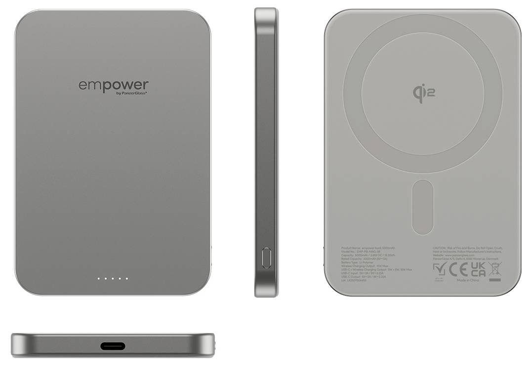 Štíhla sivá power banka je zobrazená z rôznych uhlov: spredu, z boku a zozadu. Na prednej strane je zobrazený názov značky 'empower' a na zadnej strane je symbol bezdrôtového nabíjania Qi.