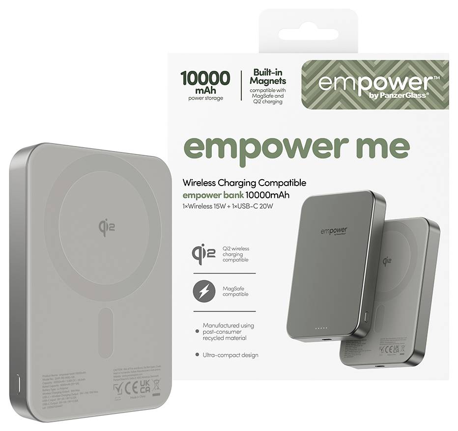 Bezdrôtová powerbanka 'Empower me' s kapacitou 10000mAh, s magnetmi, USB-C, s výstupom 20W. Zobrazená s obalom, označená ako 'Vstavaté magnety'.