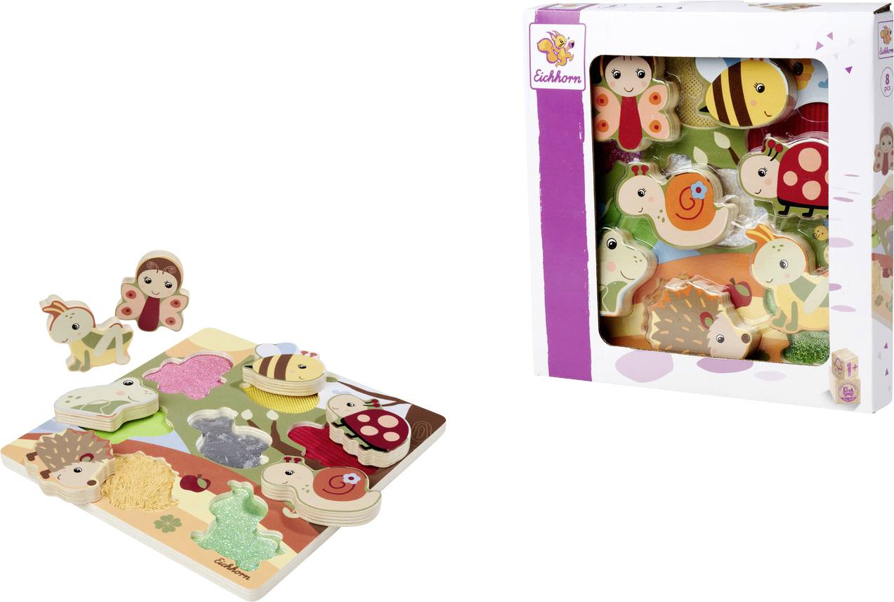 Farebná drevená puzzle s tematikou hmyzu, ktorá obsahuje rôzne druhy hmyzu ako sú včely a lienky na hernej doske a v obale.