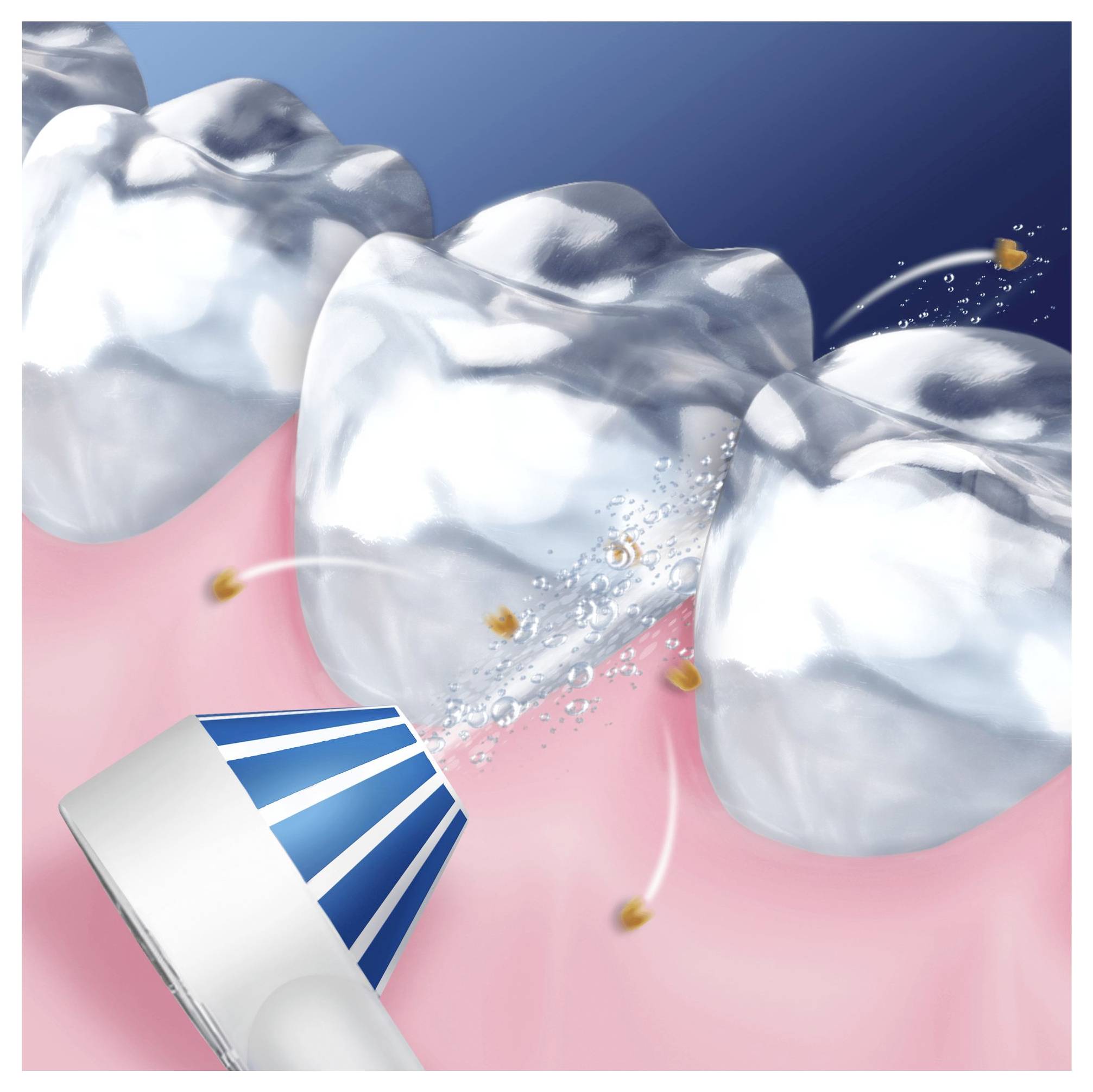 Dentálna vodná sprška čistí medzery medzi zubami, odstraňuje zvyšky jedla a zubný povlak, pričom vodné prúdy sú viditeľné ako zasiahnutie a uvoľnenie частíc.