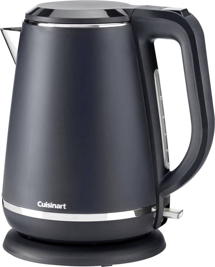 Čierny elektrický kanvica s rukoväťou a výtokom, označená značkou 'Cuisinart'. Má podstavec a indikátor hladiny vody na boku.