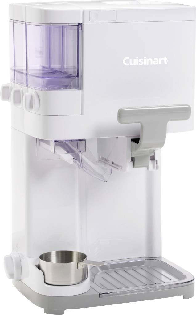 Biely výrobník na zmrzlinu Cuisinart s nehrdzavejúcou oceľovou miskou na mixovanie. Stroj má priehľadný kryt a ovládací gombík.