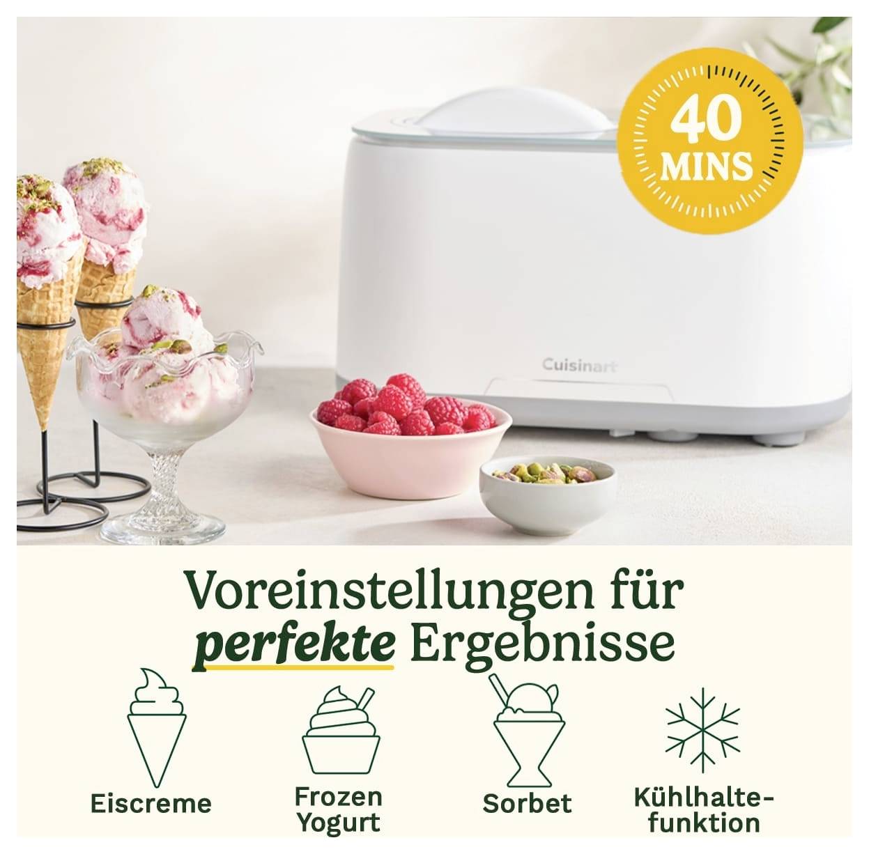 Stroj na zmrzlinu s dvoma miskami zmrzliny, miska s malinami, text: 'Prednastavenia pre dokonalé výsledky: Zmrzlina, Frozen jogurt, Sorbet, Funkcia udržiavania chladu'.