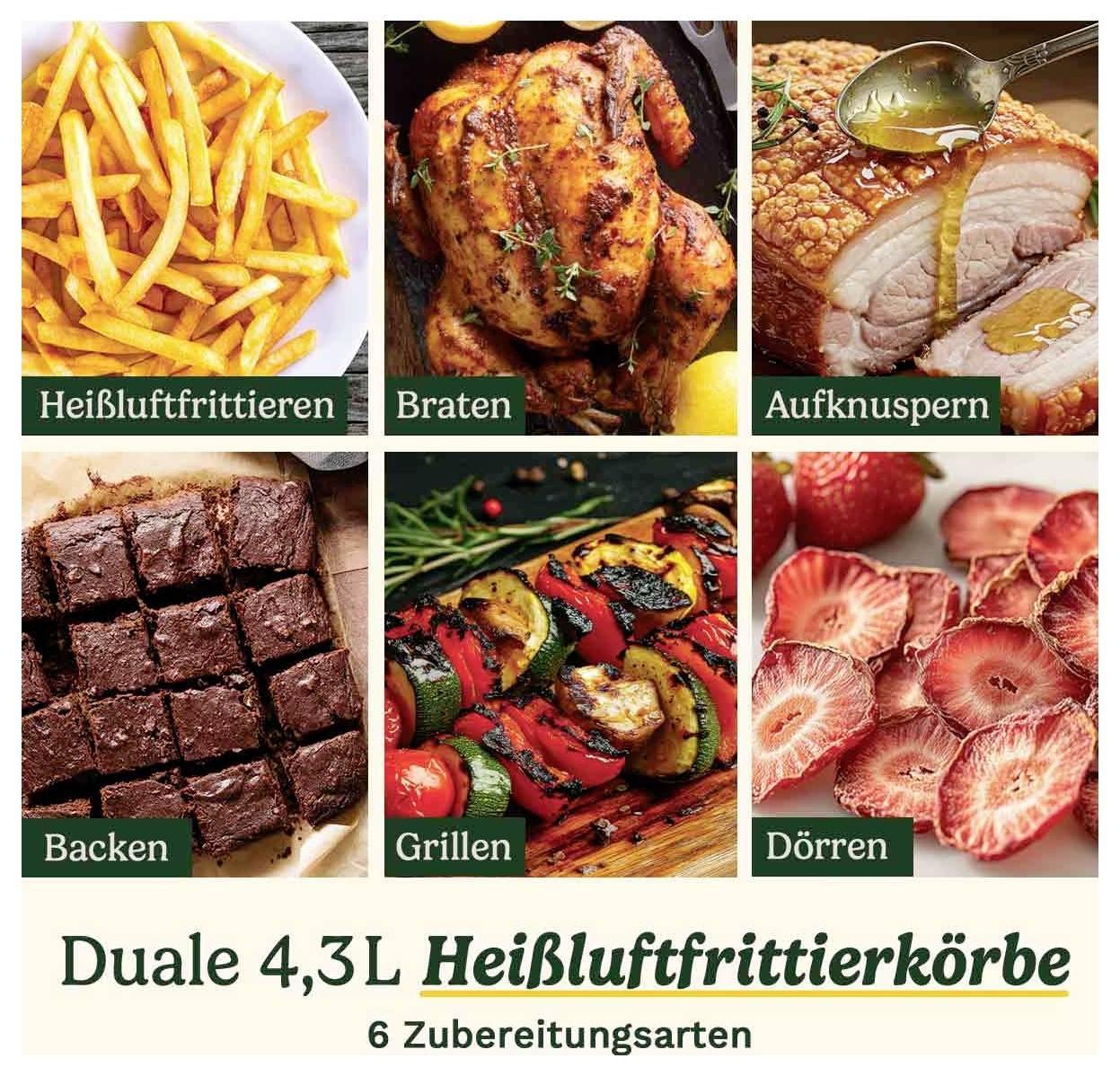 Šesť obrázkov jedál pripravených šiestimi rôznymi spôsobmi prípravy: fritovanie horúcim vzduchom, pečenie, opekanie, pečenie v rúre, grilovanie, sušenie.