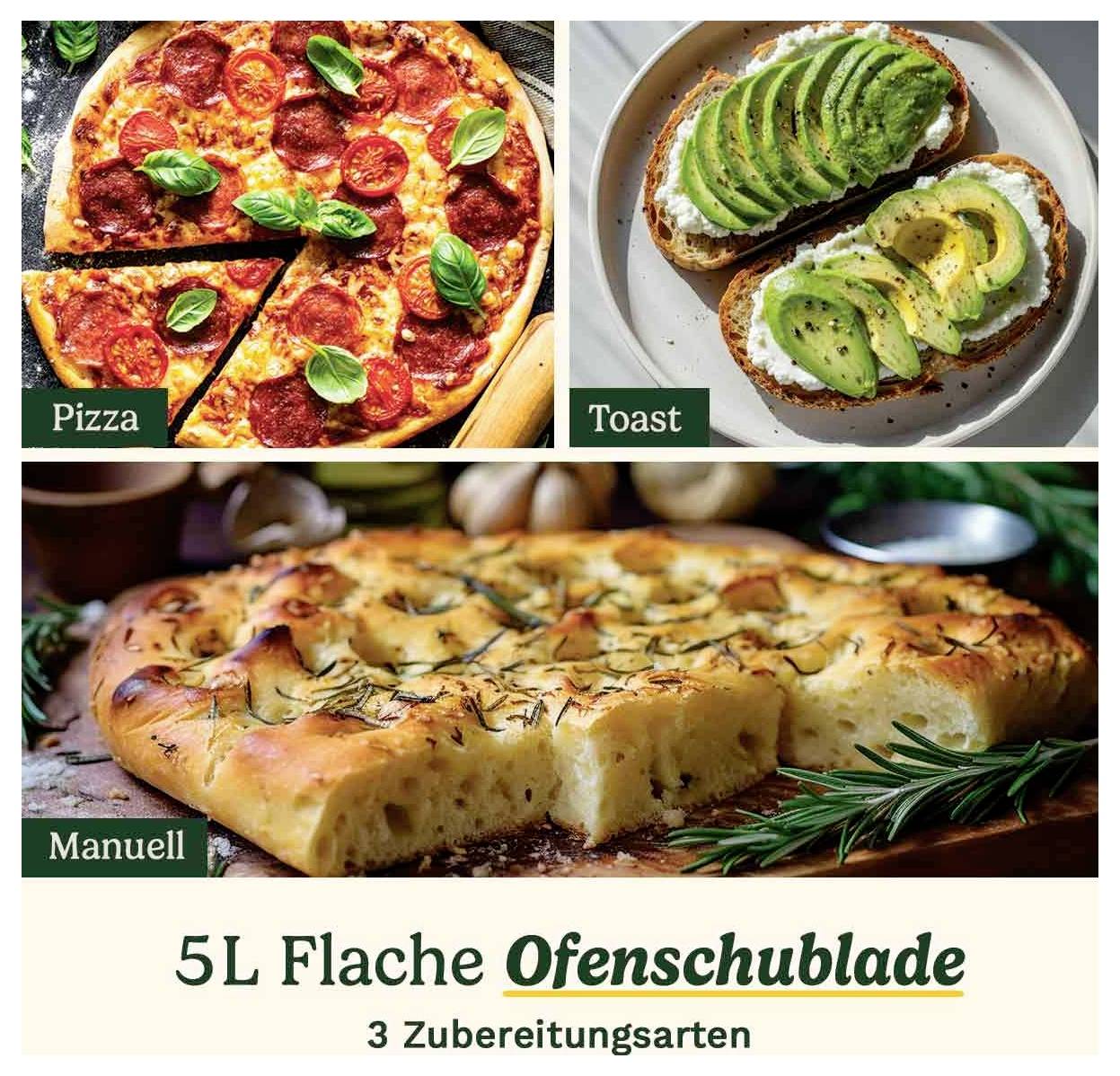 Obrázok ukazuje tri spôsoby prípravy: Pizza s bazalkou, toast s avokádom, focaccia s bylinkami. Text: '5L plytký pekáč do rúry'.