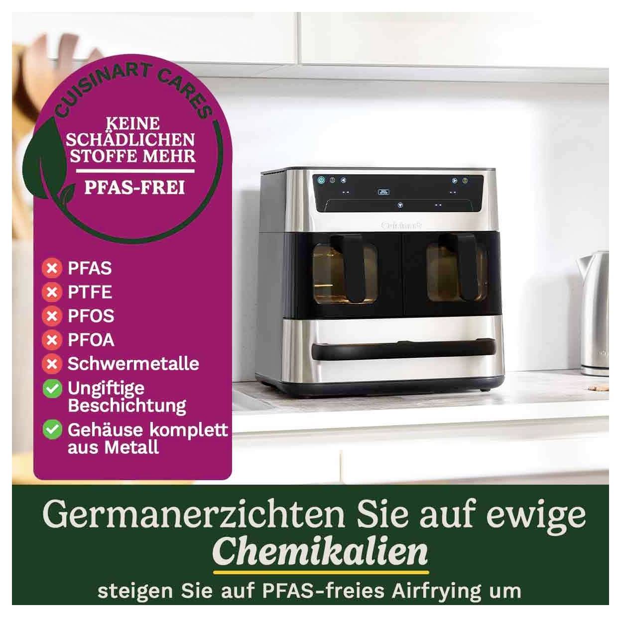 Strieborný teplovzdušný fritovací hrniec stojí na pracovnej doske. Text poukazuje na to, že zariadenie je bez PFAS a bez škodlivých látok. Reklamný text nabáda na prechod k teplovzdušnému fritovaniu bez PFAS.