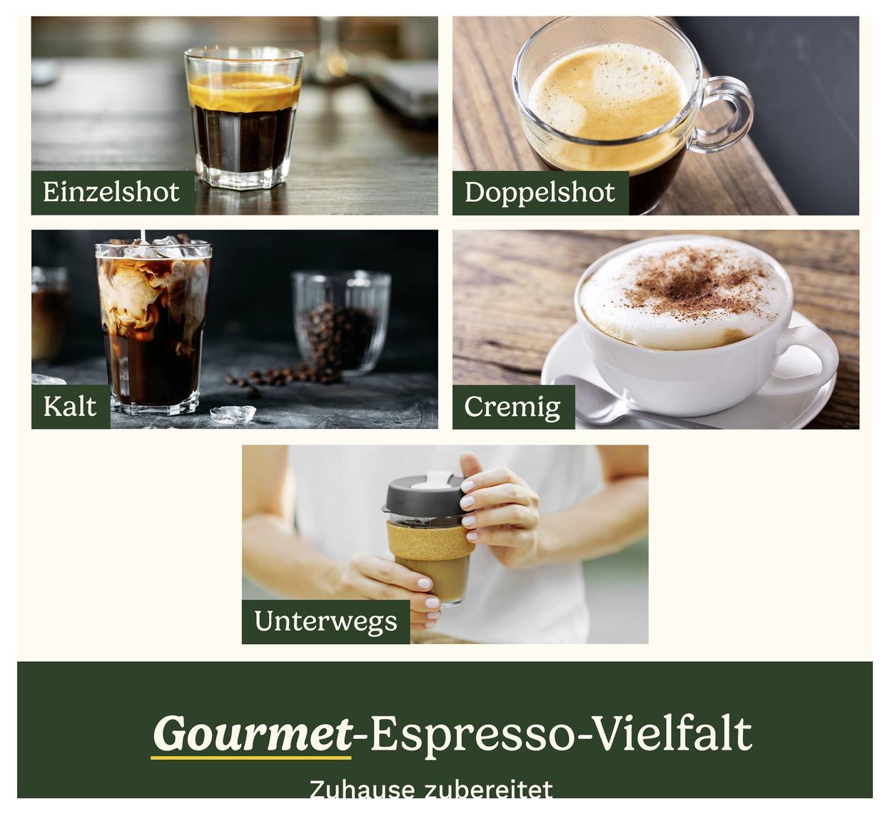 Gourmanská espresso rozmanitosť: Jeden shot, Dvojitý shot, Studený, Krémový. Na cestách s pohárom kávy. Pripravené doma.