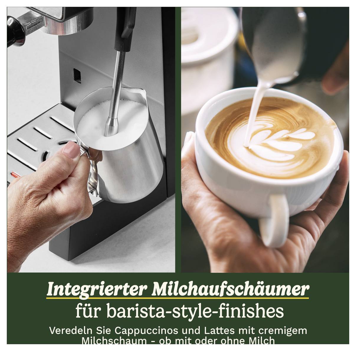 Integrovaný napěňovač mlieka pre barista štýlové finálne úpravy. Naleje krémovú mliečnu penu do cappuccina a latte.