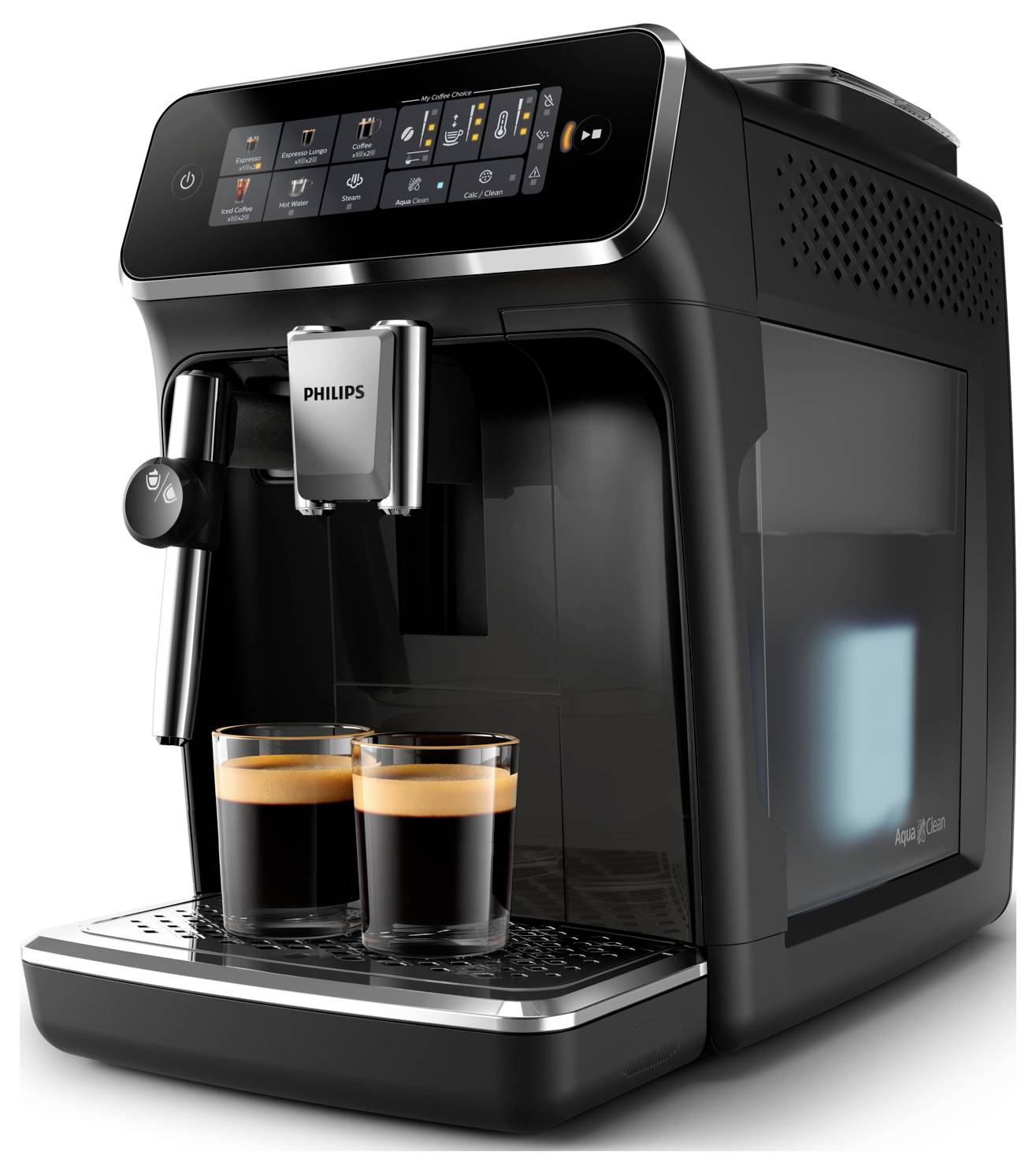 Espresso automat značky Philips, ktorý súčasne pripravuje dva šálky kávy, s digitálnym ovládacím panelom ponúkajúcim rôzne nastavenia na prispôsobenie prípravy nápoja.