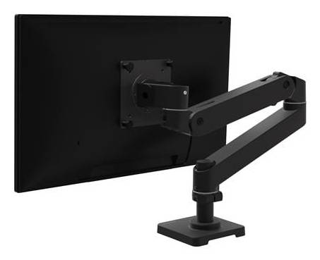 Čierny monitor namontovaný na nastaviteľnom ramene, pohľad zozadu.