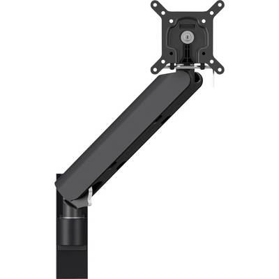 Čierny nastaviteľný monitor arm s montážnym držiakom, ktorý umožňuje ergonomické umiestnenie počítačových obrazoviek na pracovných stoloch.