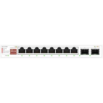 Sieťový prepínač s ôsmimi ethernetovými portami, dvoma dodatočnými portami na pravej strane a konfiguračnými DIP prepínačmi a indikátormi stavu.