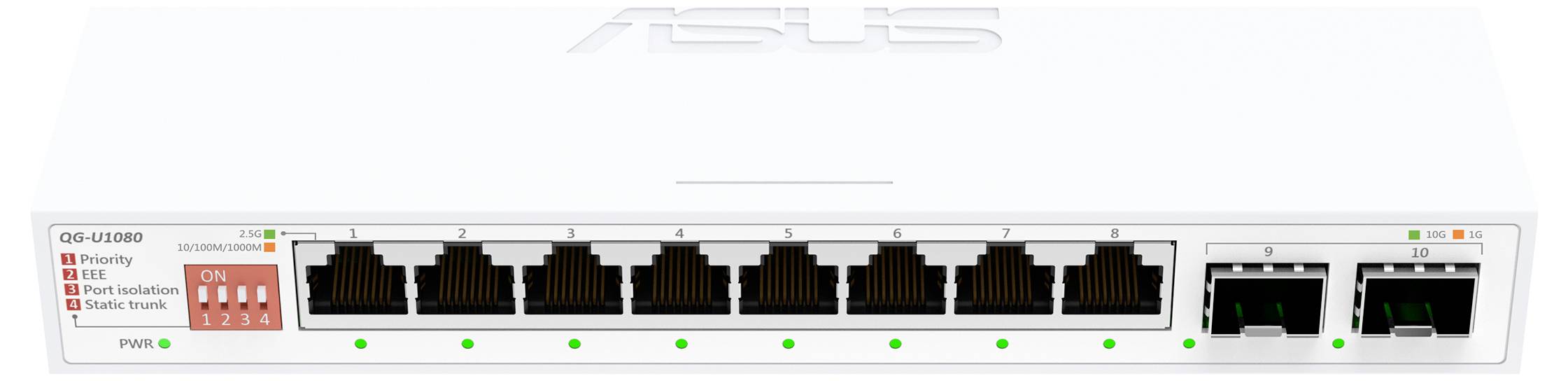 Biely sieťový prepínač s ôsmimi ethernetovými portami a dvomi ďalšími portami napravo. LED indikátory zobrazujú aktivitu portu.