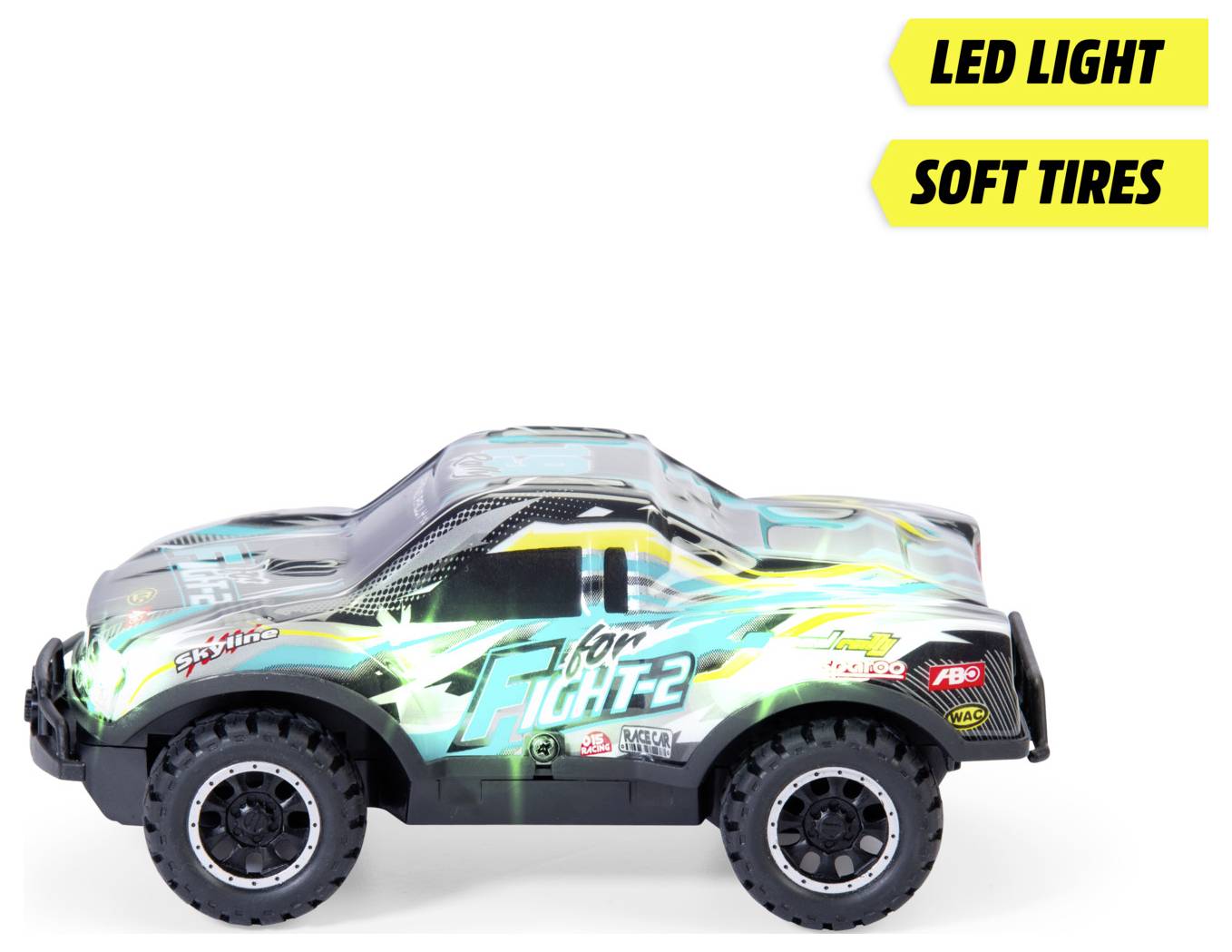 Hračkárske auto s farebným grafickým dizajnom, označené nápisom 'Fight T2', s LED svetlami a mäkkými pneumatikami.