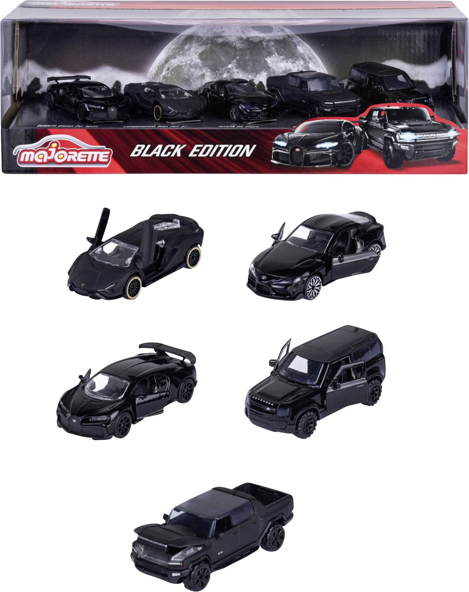 Súprava hračkárskych áut 'Majorette Black Edition' pozostávajúca z piatich detailne spracovaných čiernych modelov áut vystavených v krabici s motívom mesačného svitu a logom značky.