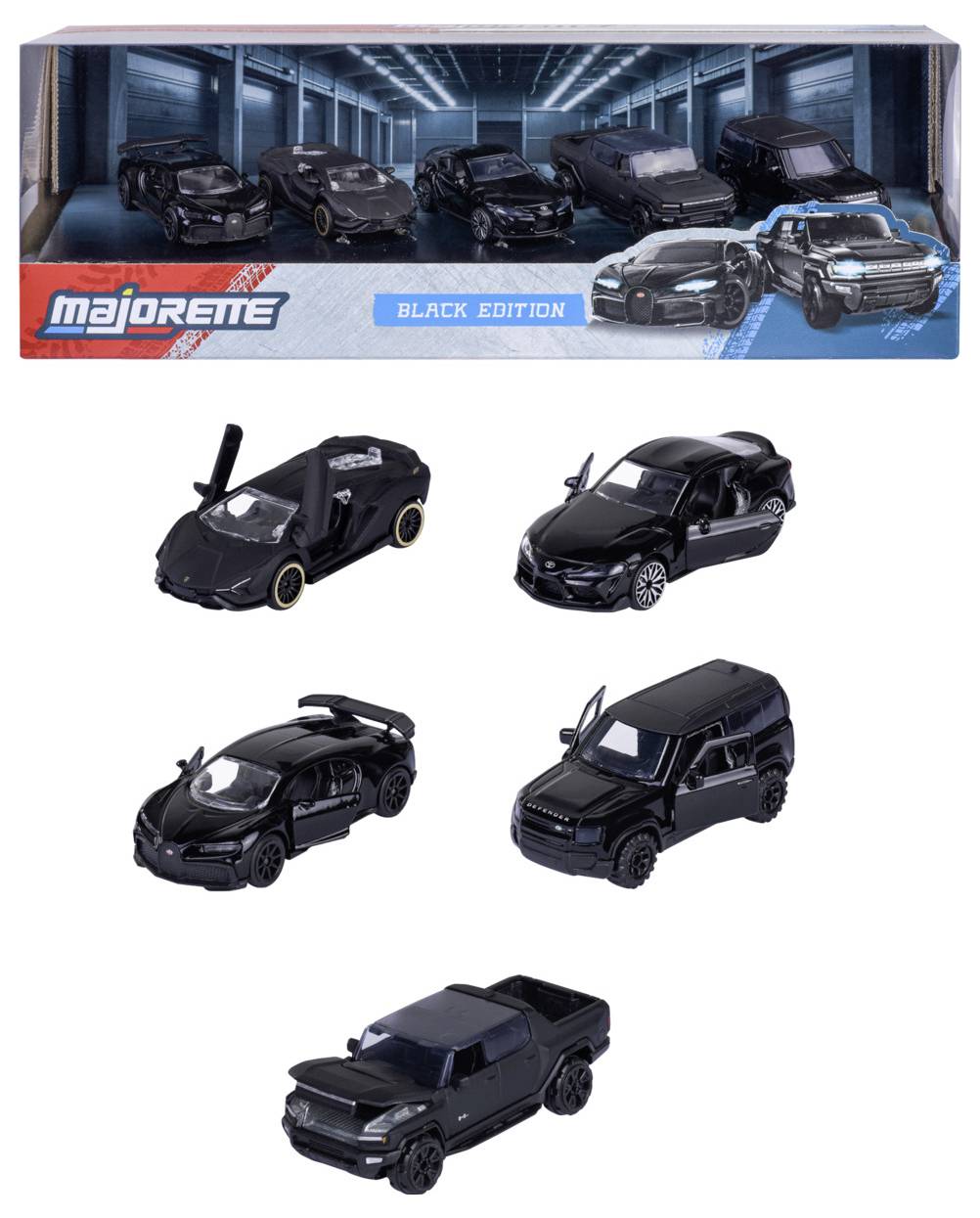 Súprava piatich čiernych hračkárskych áut, každé s jedinečným dizajnom, prezentovaná v obale s označením 'Majorette Black Edition'.