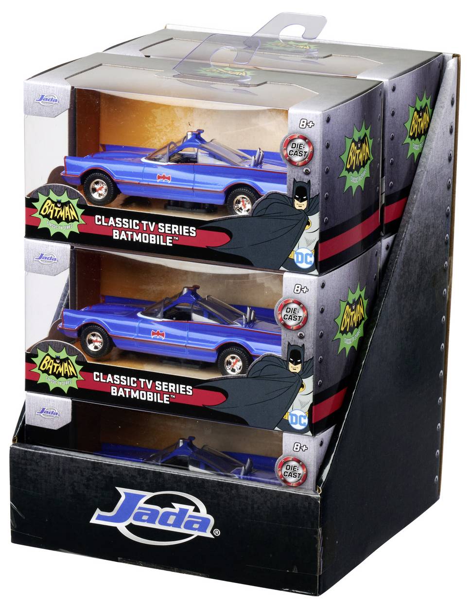 Zobrazenie troch zberateľských modelov auta Batmobil z klasickej televíznej série od spoločnosti Jada Toys, s logom Batmana. Viacfarebný obal s obrazmi superhrdinov.