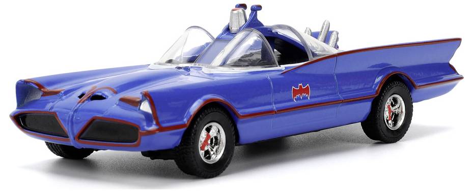Modré vintage hračkárske auto pripomínajúce vozidlo superhrdinu, s červenými akcentmi a motívom netopiera na dverách, vyznačujúce sa jedinečným dizajnom plutvy.