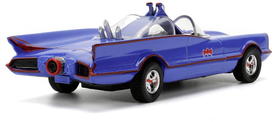 Modrý, štýlový hračkársky automobil vo vintage dizajne s červenými akcentmi, s charakteristickými ploutevkami a bublinkovou čelným sklom, pripomínajúci klasické vozidlo superhrdinu.