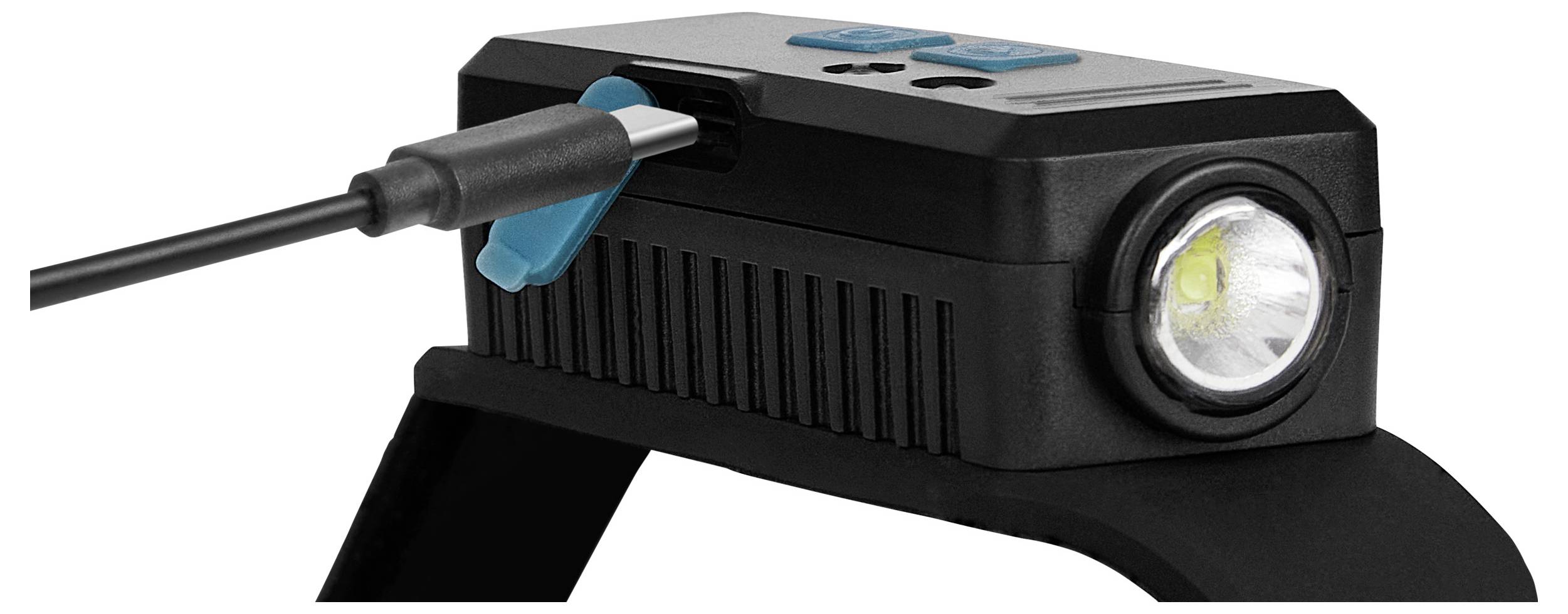 Čierna lampáš s USB nabíjacím portom a malým modrým svetlom na boku, ktoré signalizuje, že sa práve nabíja.