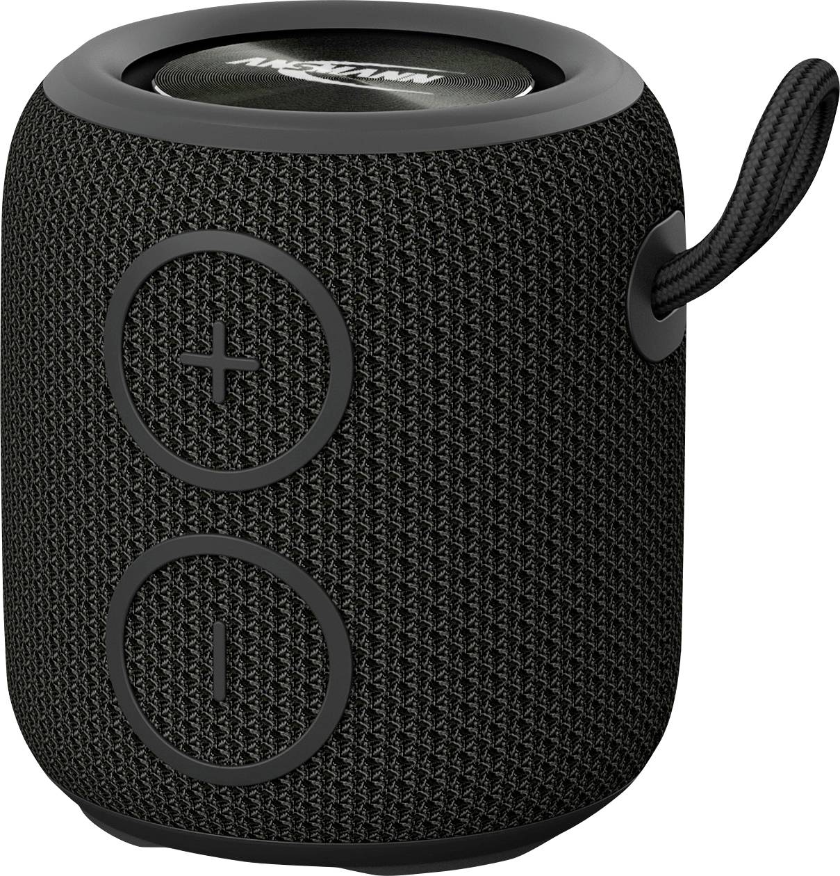 Čierny prenosný bluetooth reproduktor s tlačidlami '+' a '-' na ovládanie hlasitosti, s textúrovaným povrchom a nosnou slučkou na boku.