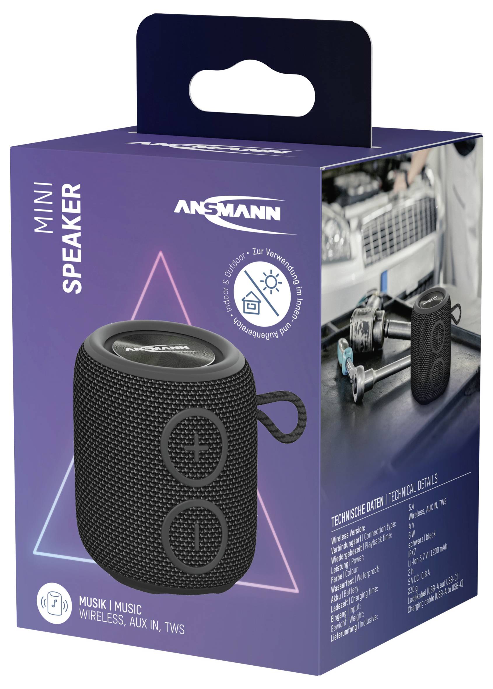 Krabica prenosného Mini reproduktora s Bluetooth a bezdrôtovými funkciami, vhodného pre hudbu, zobrazená s technickými detailmi a obrázkom prostredia automobilu.
